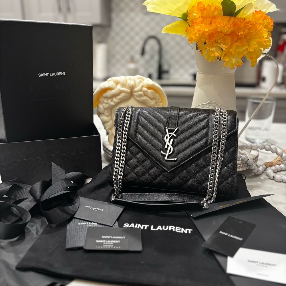 YSL Envelope Triquilt Medium Shoulder Bag in Grained Leather